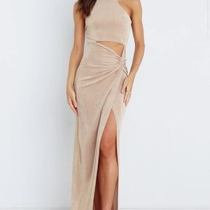 Elegant Tan One-Shoulder Maxi Dress